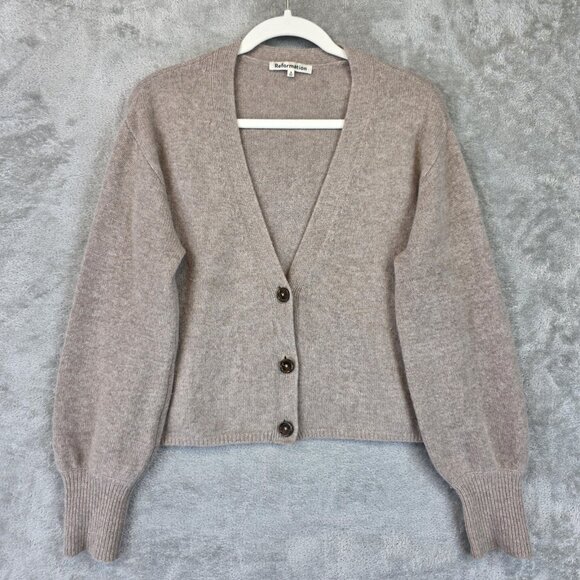 Reformation Cardigan Womens Small Beige Recycled Cashmere V Neck Button Cropped - Picture 1 of 9